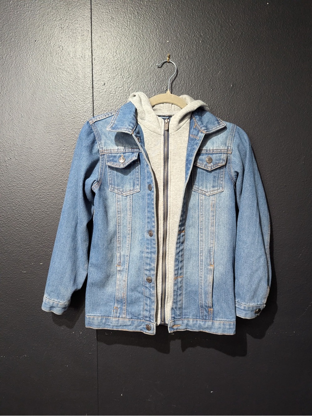 Light Wash Denim Jacket with Gray Zip-Up Hoodie Insert